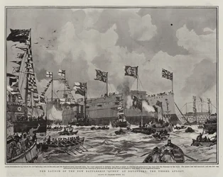 El lanzamiento del nuevo acorazado Queen en Devonport, el buque a flote